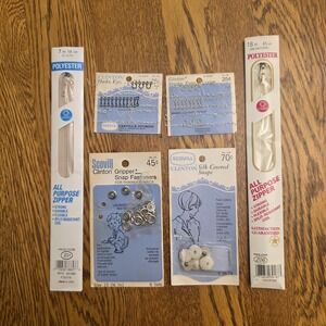 Vintage Clinton Notions White‎ Silk Covered Snaps, Hook & Eyes, 2 Zippers